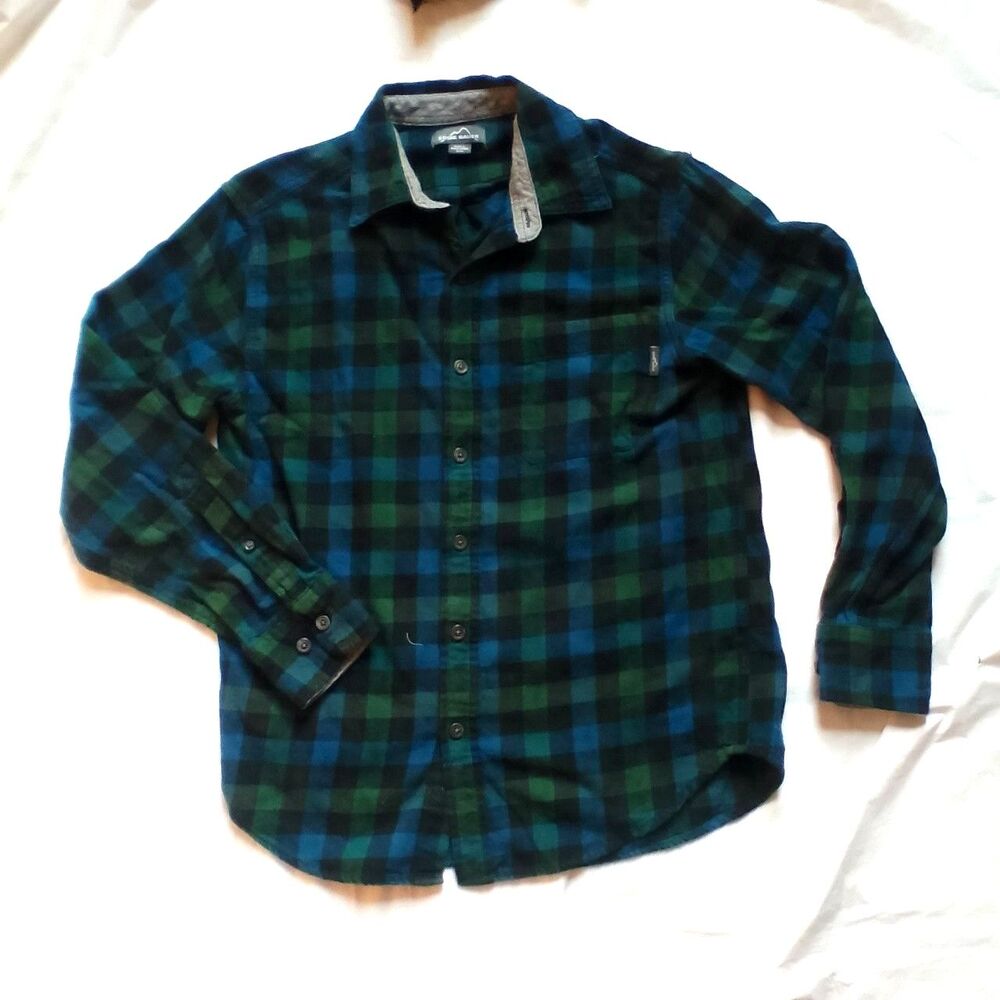 Eddie Bauer Men's Small S/CH Flannel Shirt Plaid Long Sleeve Green Blue Cotton